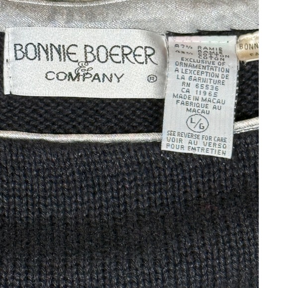 VTG Bonnie Boerer 80s Metallic Butterfly Sweater Black Ramie Cotton Macau L - Picture 4 of 4